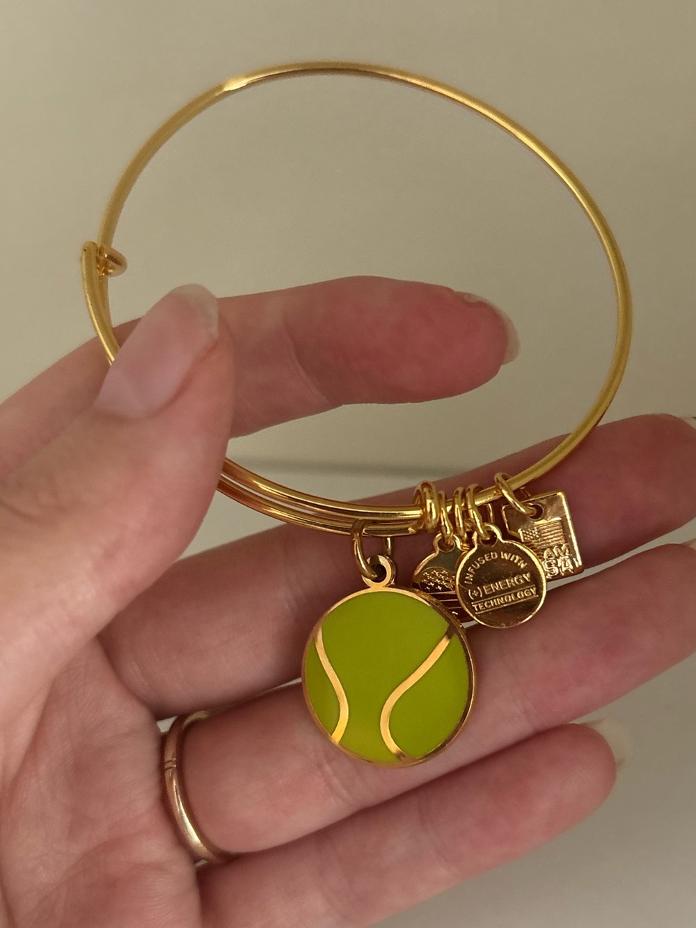 Alex and Ani Gold Bangle with Bright Green Tennis Ball Charm
